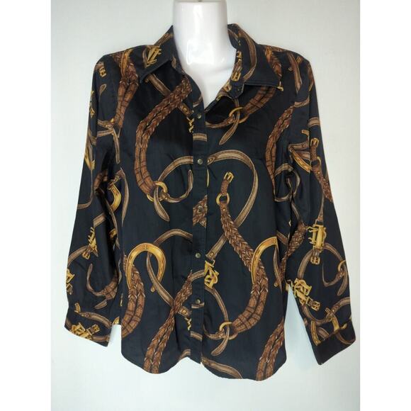 Lauren Ralph Lauren Black Cotton Equestrian  Button-Down Top Womens Large - Picture 1 of 7